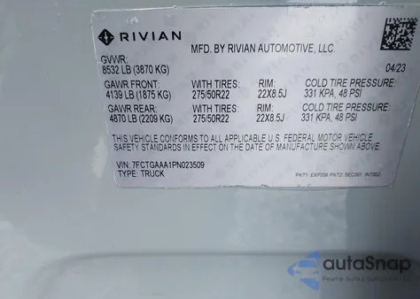 2023 Rivian R1T Adventure Quad Motor Large Pack из США, поврежденный, VIN 7FCTGAAA1PN023509